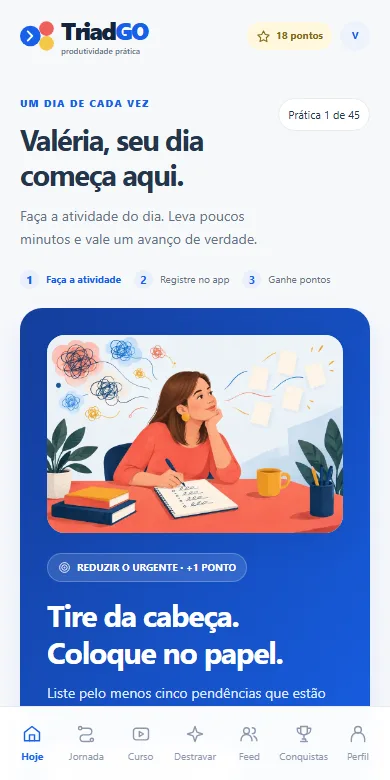 Tela do app: Sua prática do dia, pronta